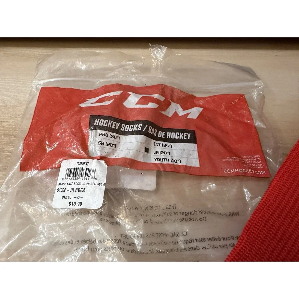 CCM Hockey Socks JR 20 Inch Youth Size New in Package Red Knit Ice